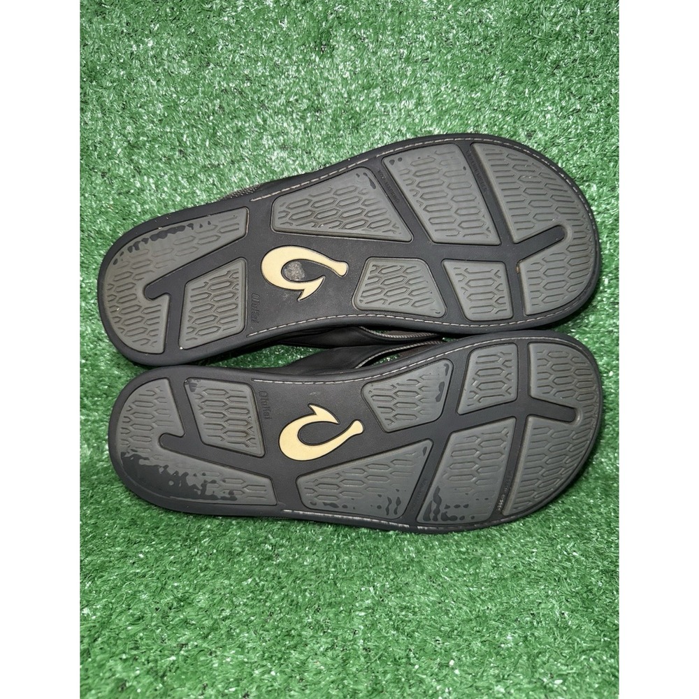 OluKai Tuahine Mens Size 13 Leather Black Beach Flip Flops Sandals Thong Slip On - Picture 7 of 8